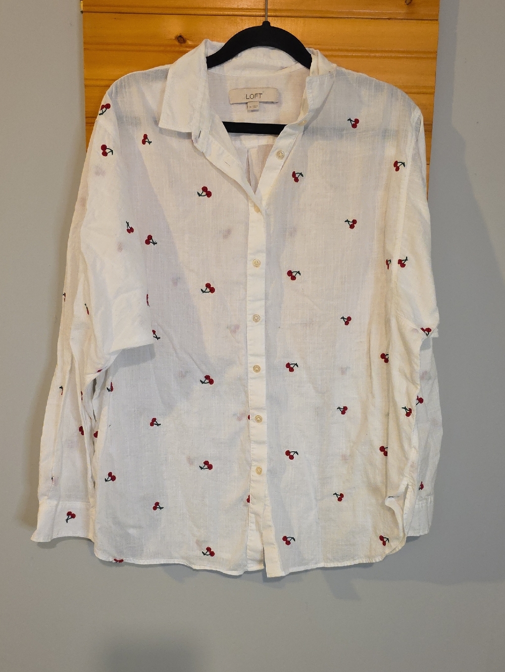 LOFT White Cotton Button Down Shirt Cherry Print Women's M Cottagecore Preppy